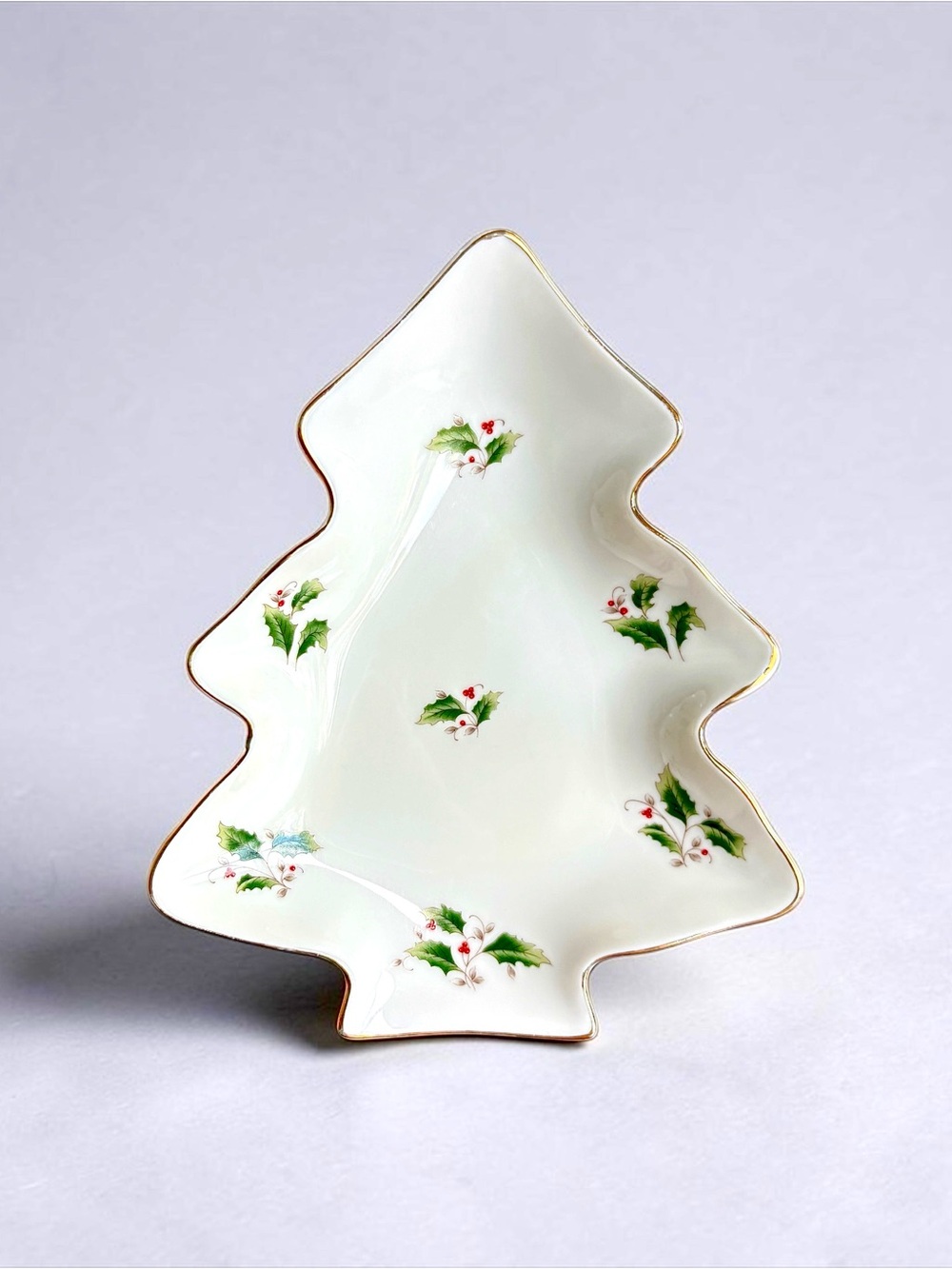 Vintage Royal Limited Holly Holiday Christmas Tree Candy Dish with Gold Trim EUC